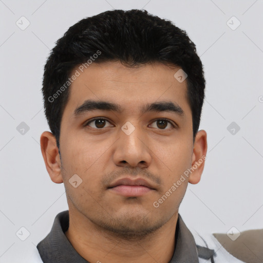Neutral latino young-adult male with short  black hair and brown eyes