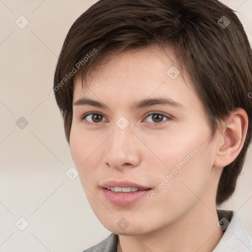 Neutral white young-adult female with medium  brown hair and brown eyes