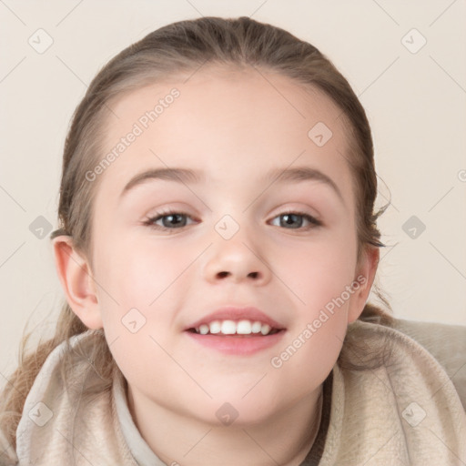 Joyful white child female with medium  brown hair and grey eyes