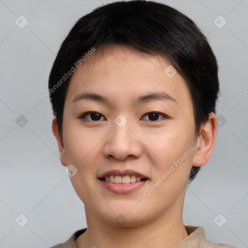 Joyful asian young-adult female with short  brown hair and brown eyes