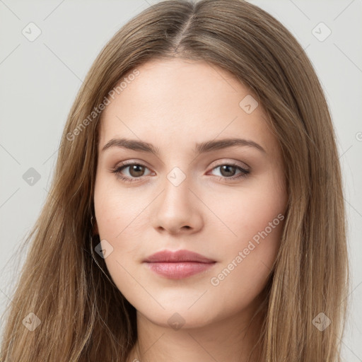 Neutral white young-adult female with long  brown hair and brown eyes