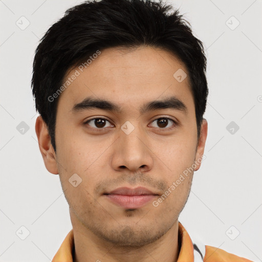 Neutral asian young-adult male with short  brown hair and brown eyes