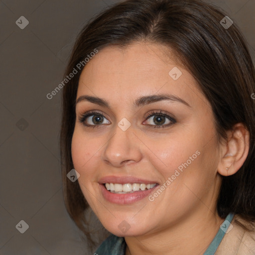 Joyful white young-adult female with medium  brown hair and brown eyes