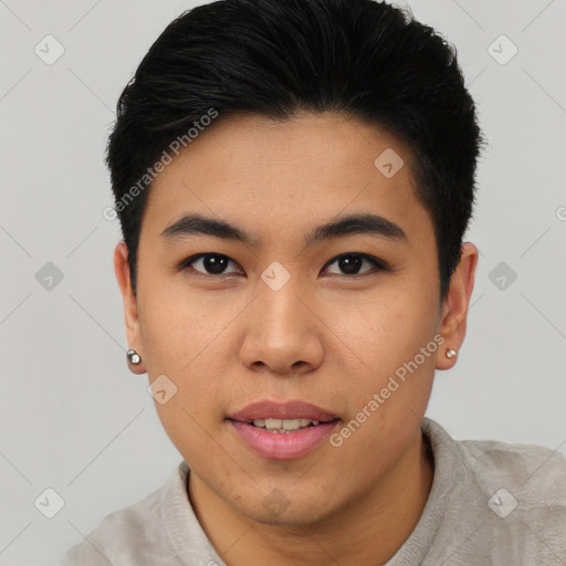 Joyful asian young-adult male with short  black hair and brown eyes