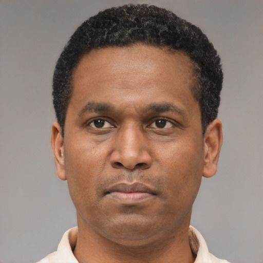 Neutral latino adult male with short  black hair and brown eyes