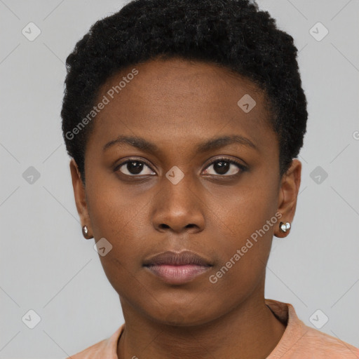 Neutral black young-adult female with short  brown hair and brown eyes