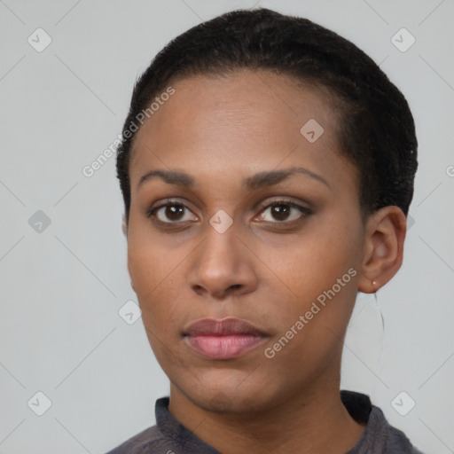 Neutral black young-adult female with short  black hair and brown eyes