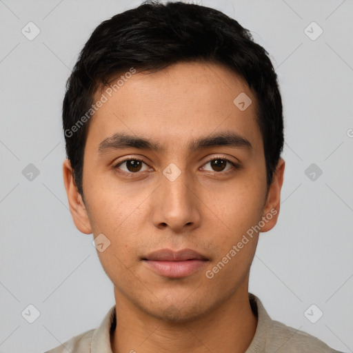 Neutral asian young-adult male with short  black hair and brown eyes