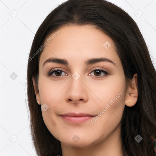 Neutral white young-adult female with long  brown hair and brown eyes