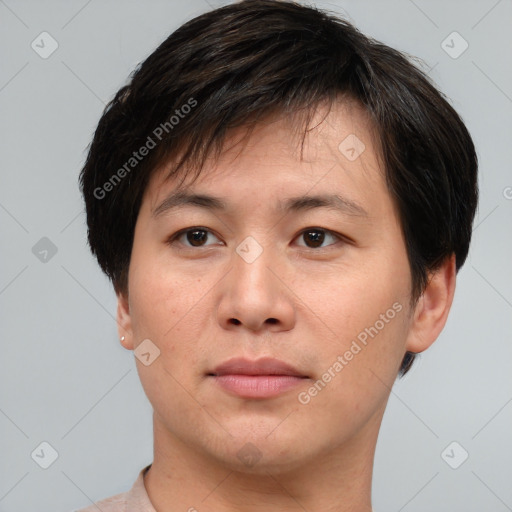 Neutral asian young-adult male with short  brown hair and brown eyes