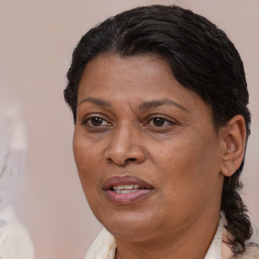 Joyful black adult female with medium  brown hair and brown eyes