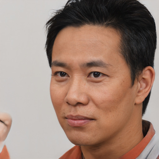 Joyful asian adult male with short  black hair and brown eyes