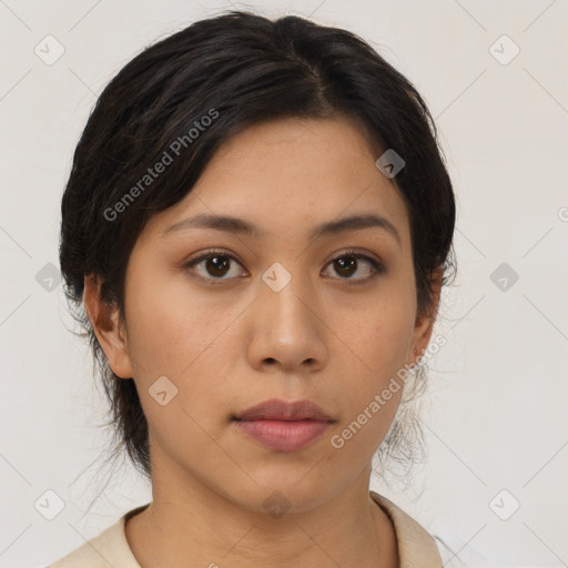 Neutral asian young-adult female with medium  brown hair and brown eyes