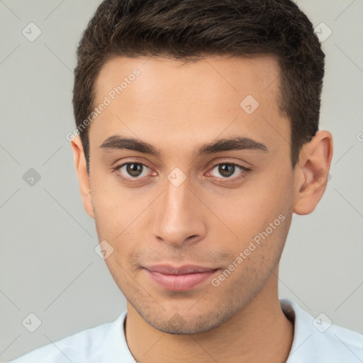 Neutral white young-adult male with short  brown hair and brown eyes