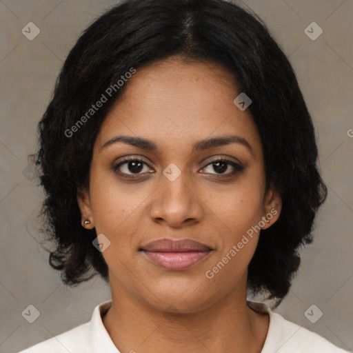 Joyful black young-adult female with medium  black hair and brown eyes