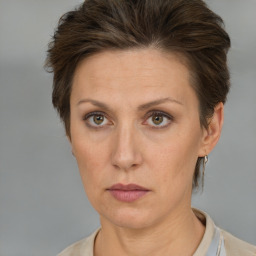 Neutral white adult female with short  brown hair and brown eyes