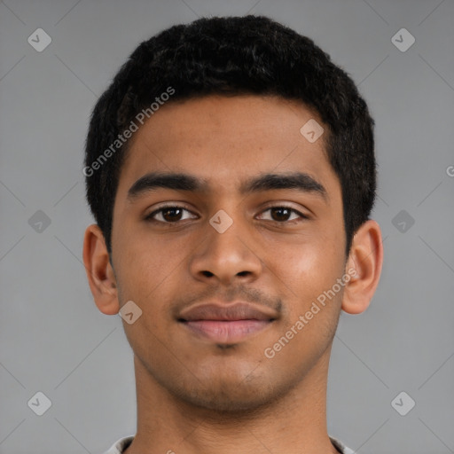 Neutral latino young-adult male with short  black hair and brown eyes