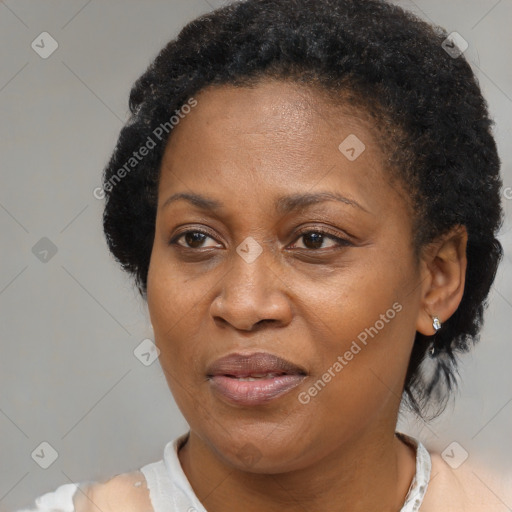 Joyful black adult female with short  brown hair and brown eyes