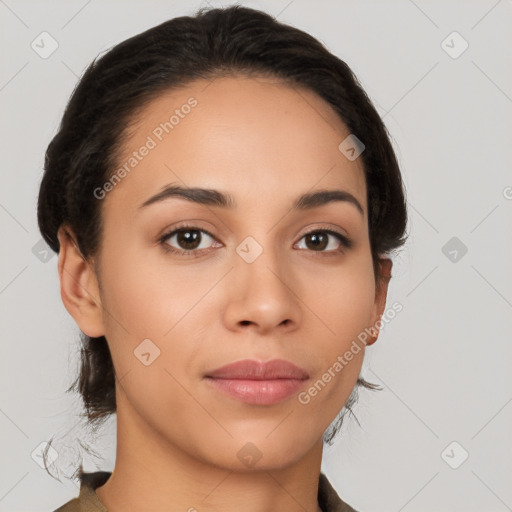 Neutral white young-adult female with medium  brown hair and brown eyes