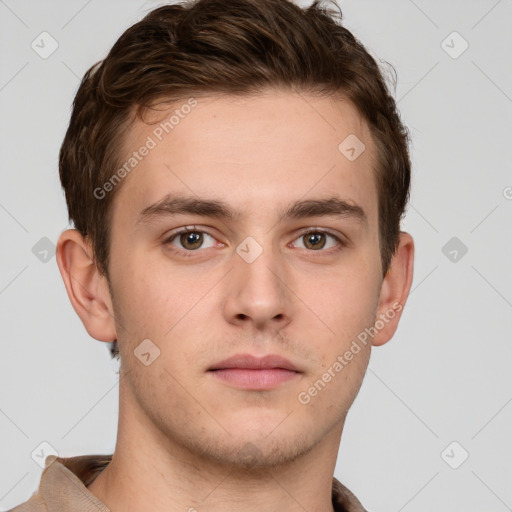 Neutral white young-adult male with short  brown hair and brown eyes