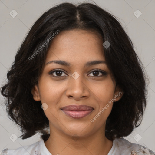 Joyful black young-adult female with medium  brown hair and brown eyes