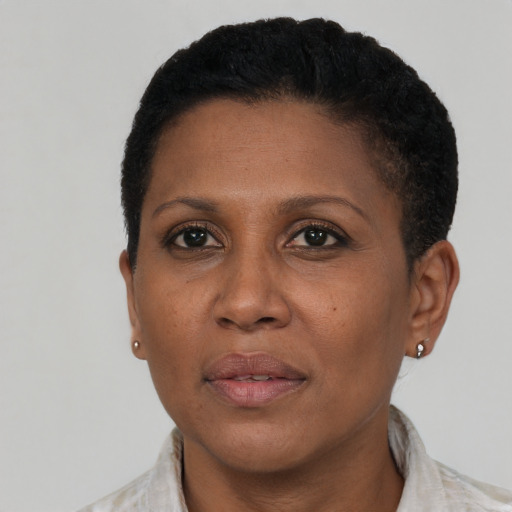 Joyful latino adult female with short  black hair and brown eyes