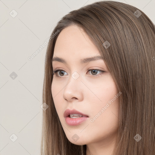 Neutral white young-adult female with long  brown hair and brown eyes