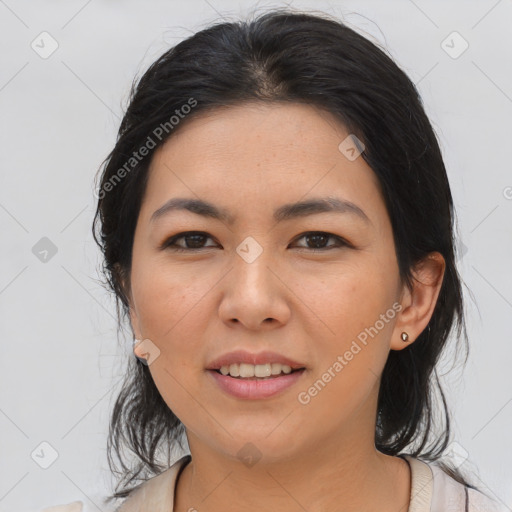 Joyful asian young-adult female with medium  brown hair and brown eyes