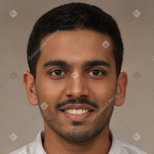 Joyful latino young-adult male with short  brown hair and brown eyes