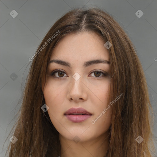 Neutral white young-adult female with long  brown hair and brown eyes