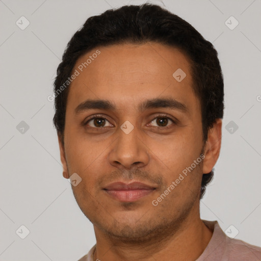 Neutral latino young-adult male with short  black hair and brown eyes