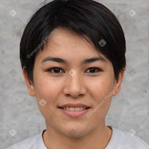 Joyful asian young-adult female with short  brown hair and brown eyes