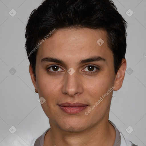 Joyful white young-adult female with short  brown hair and brown eyes