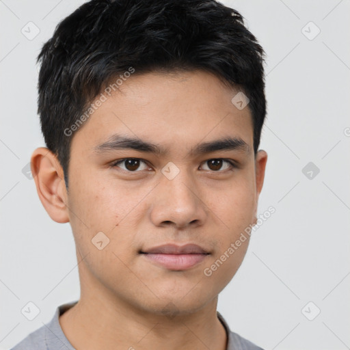 Neutral asian young-adult male with short  black hair and brown eyes