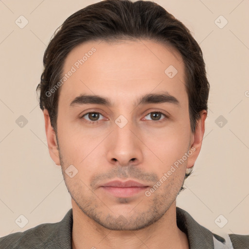 Neutral white young-adult male with short  brown hair and brown eyes