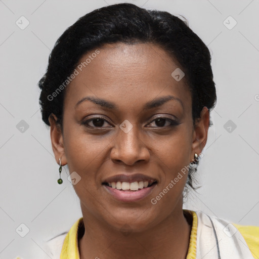 Joyful latino young-adult female with short  black hair and brown eyes