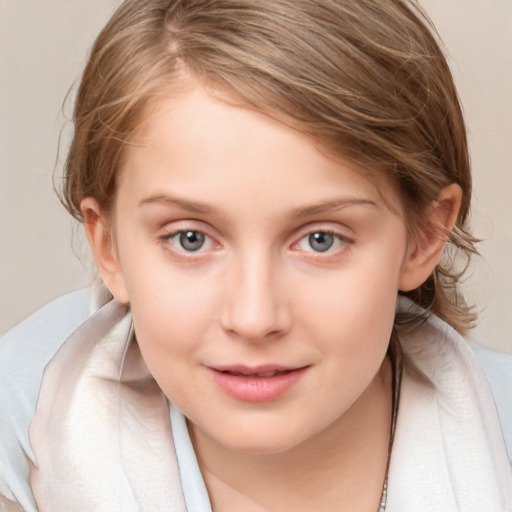 Joyful white child female with medium  brown hair and brown eyes