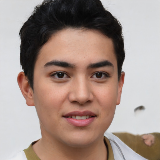 Joyful asian young-adult male with short  brown hair and brown eyes