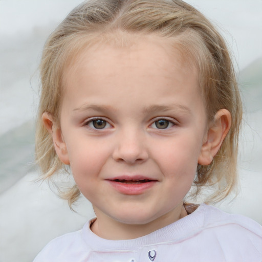 Joyful white child female with medium  blond hair and blue eyes