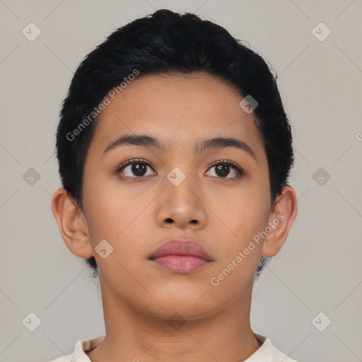 Neutral latino young-adult female with short  brown hair and brown eyes