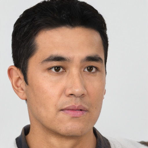 Neutral asian young-adult male with short  black hair and brown eyes