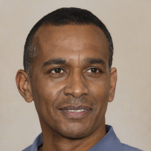 Neutral black adult male with short  black hair and brown eyes