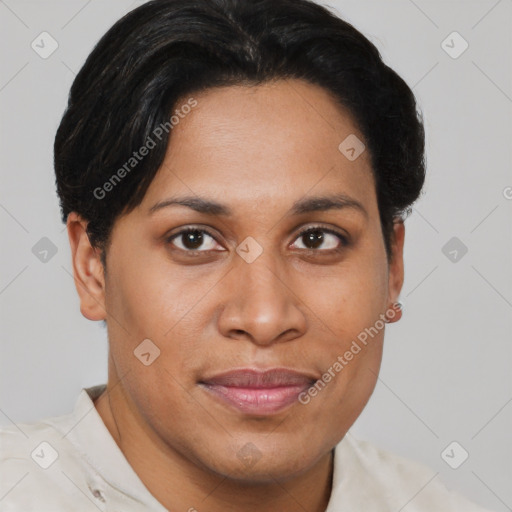 Joyful asian young-adult female with short  brown hair and brown eyes