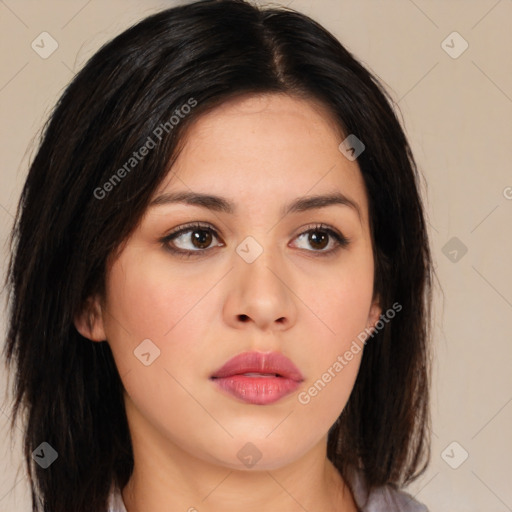 Neutral asian young-adult female with medium  brown hair and brown eyes