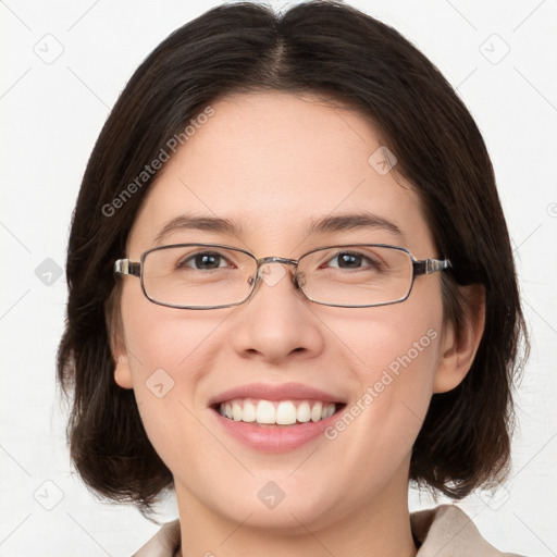 Joyful white young-adult female with medium  brown hair and grey eyes