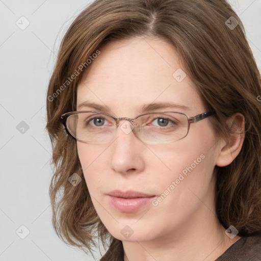 Neutral white adult female with medium  brown hair and blue eyes