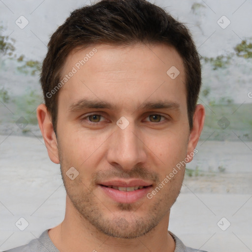 Joyful white young-adult male with short  brown hair and brown eyes