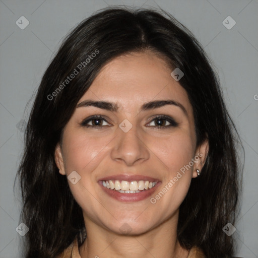 Joyful white young-adult female with long  brown hair and brown eyes