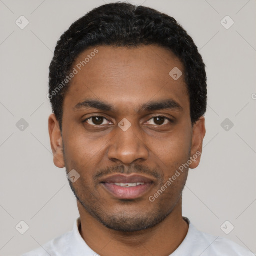 Neutral black young-adult male with short  black hair and brown eyes