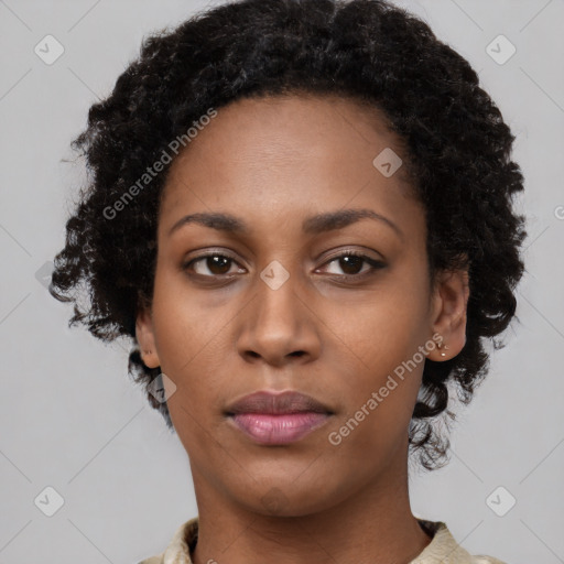 Neutral black young-adult female with short  black hair and brown eyes